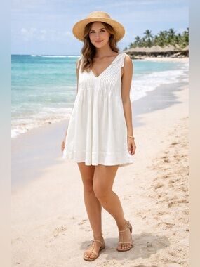 Women's White Cotton V-Neck Tie-Shoulder Mini Dress Size Large